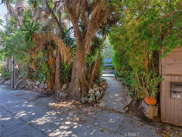 a view of a street with potted plants and large trees