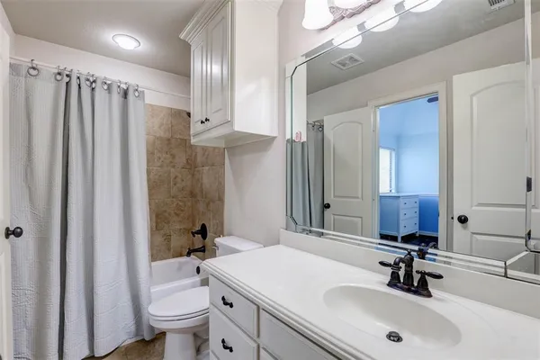 a bathroom with a sink a toilet a mirror a vanity and shower