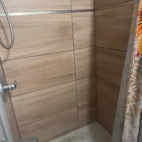a bathroom with a shower and toilet