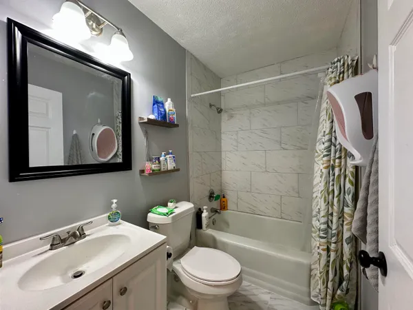 a bathroom with a sink a mirror a toilet and shower