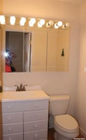 a bathroom with a sink a toilet and mirror