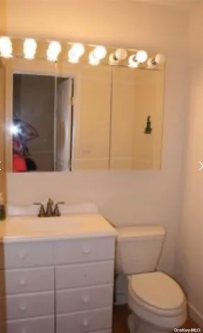 a bathroom with a sink a toilet and mirror