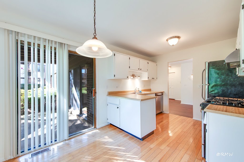 1251 Williamsburg Drive, Unit D1 Schaumburg, IL 60193 - Photo 11 of 26 a kitchen with kitchen island a counter top space wooden floor and stainless steel appliances