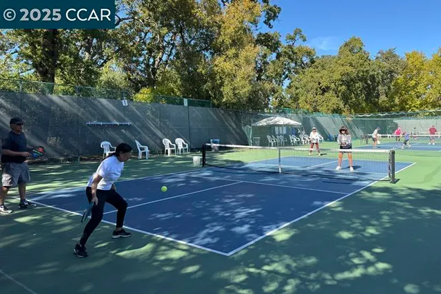 a tennis court with lots of trees in the background