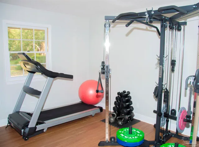 a view of a room with gym equipment