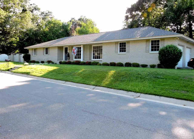 a view of a yard in front of a house with plants and large tree