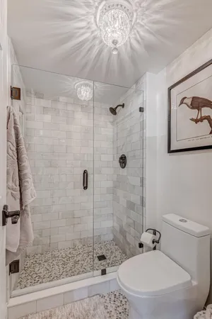 a bathroom with a shower a toilet and a sink