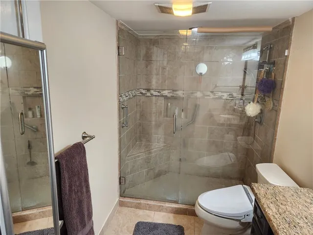 a bathroom with a shower and a toilet