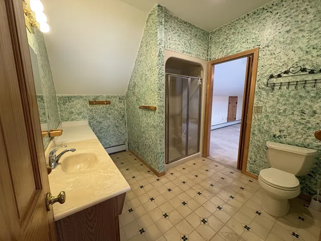 a bathroom with a sink a toilet and shower