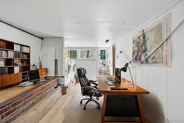 a view of a porch with wooden floor