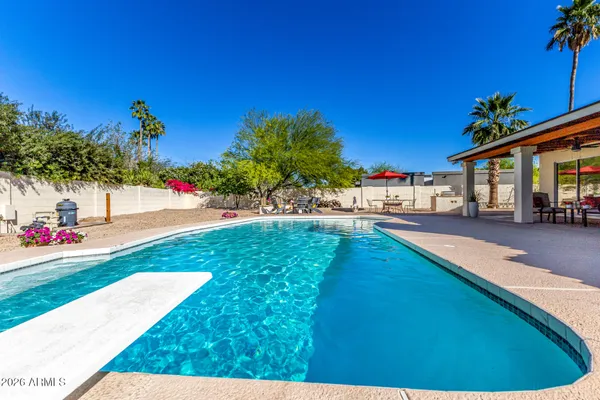 a view of backyard with outdoor seating and trees