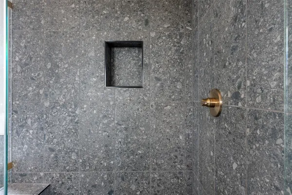 a close view of a shower in a bathroom