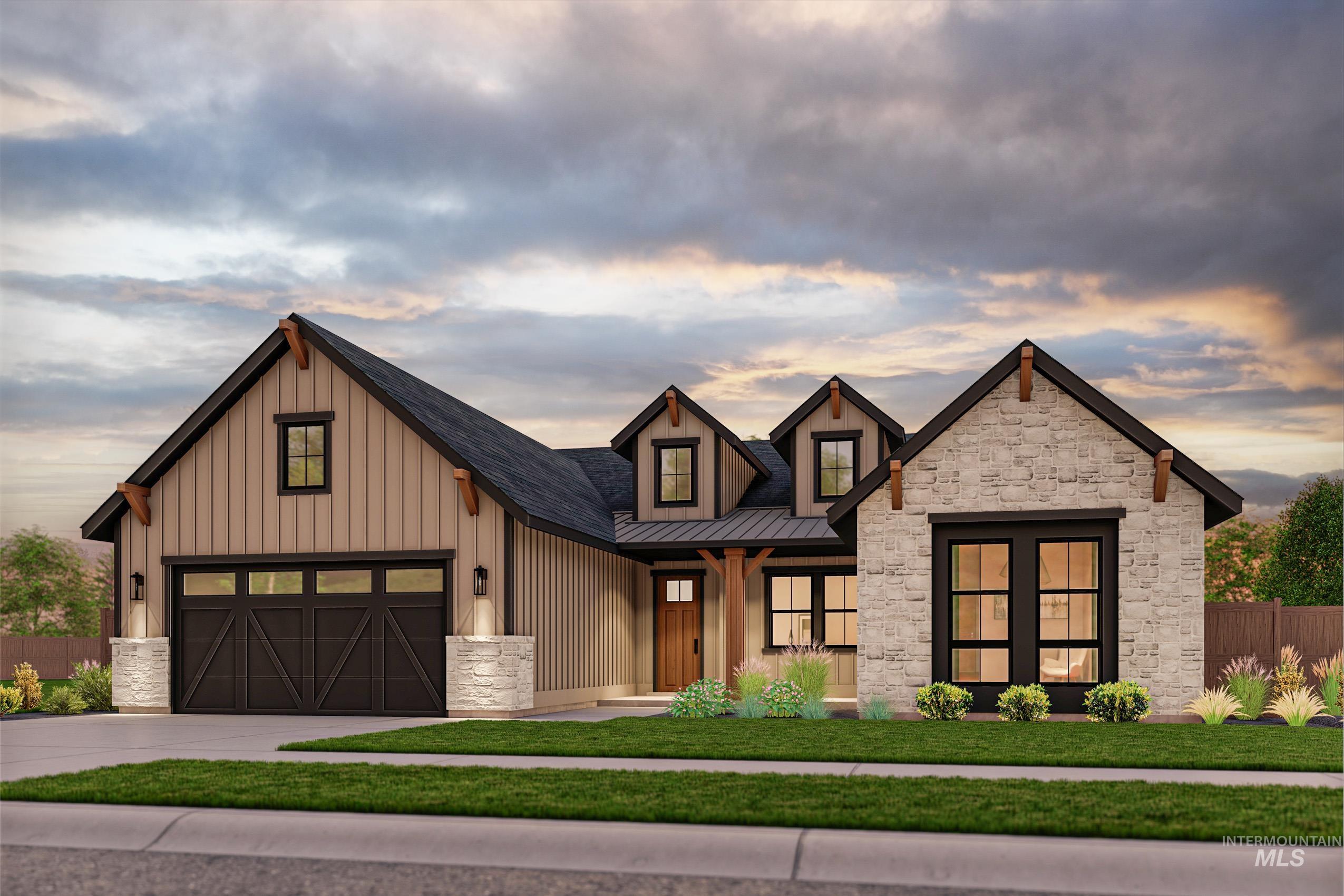 Modern farmhouse style home featuring stone siding, board and batten siding, a garage, concrete driveway, and a porch