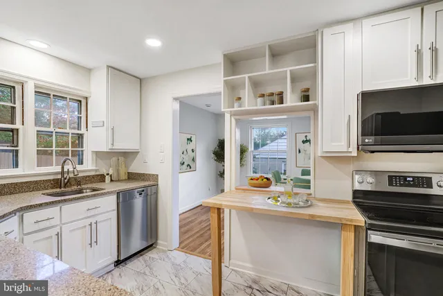 a kitchen with a sink stove and microwave