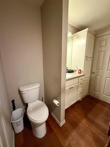 a bathroom with a toilet sink and a vanity