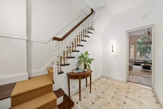 a large kitchen with a large window