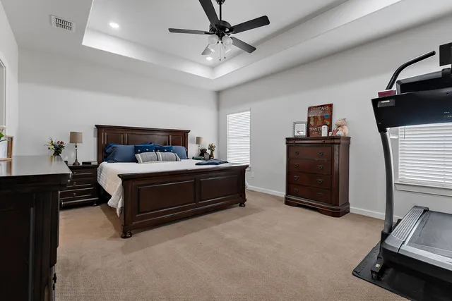 a bedroom with a bed and dresser
