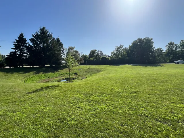 a view of a field with an trees
