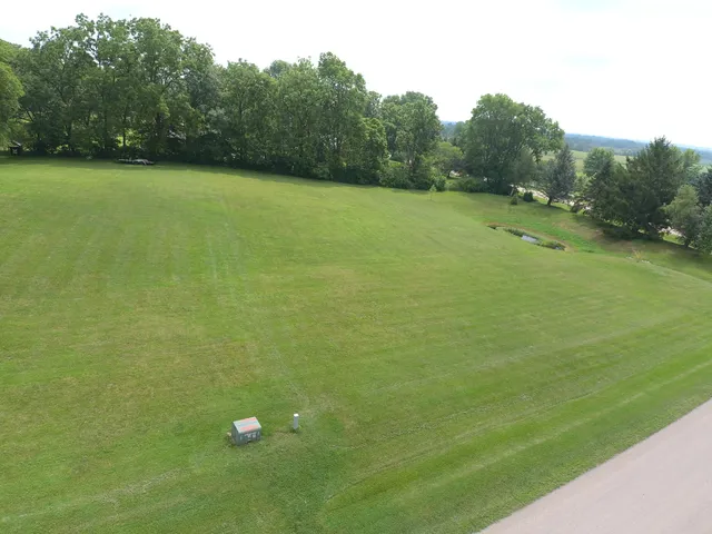 a view of a field with an trees