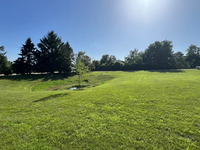 a view of a field with an trees in the background