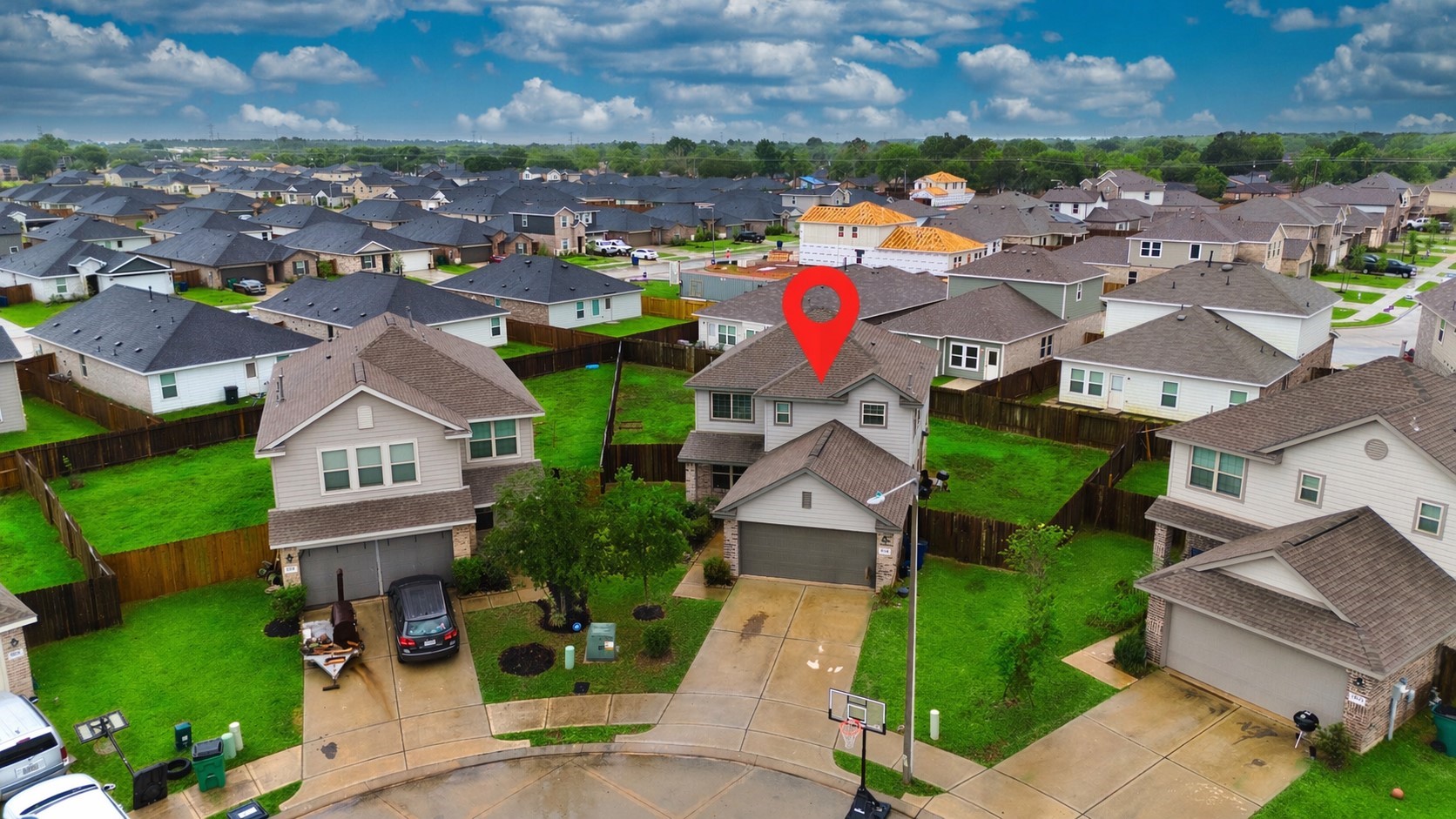 184 Kelly Street Angleton, TX 77515 - Photo 3 of 19 Aerial view showcasing the home’s prime location on a quiet cul-de-sac, featuring a spacious lot and fully fenced backyard—perfect for privacy and outdoor enjoyment.