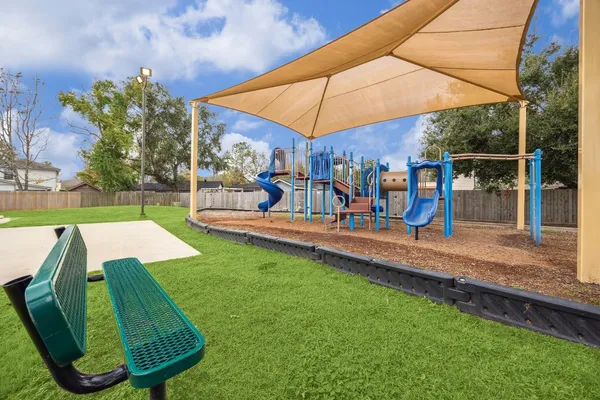 a view of a park with large trees