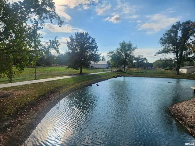 a view of a lake with a yard and trees