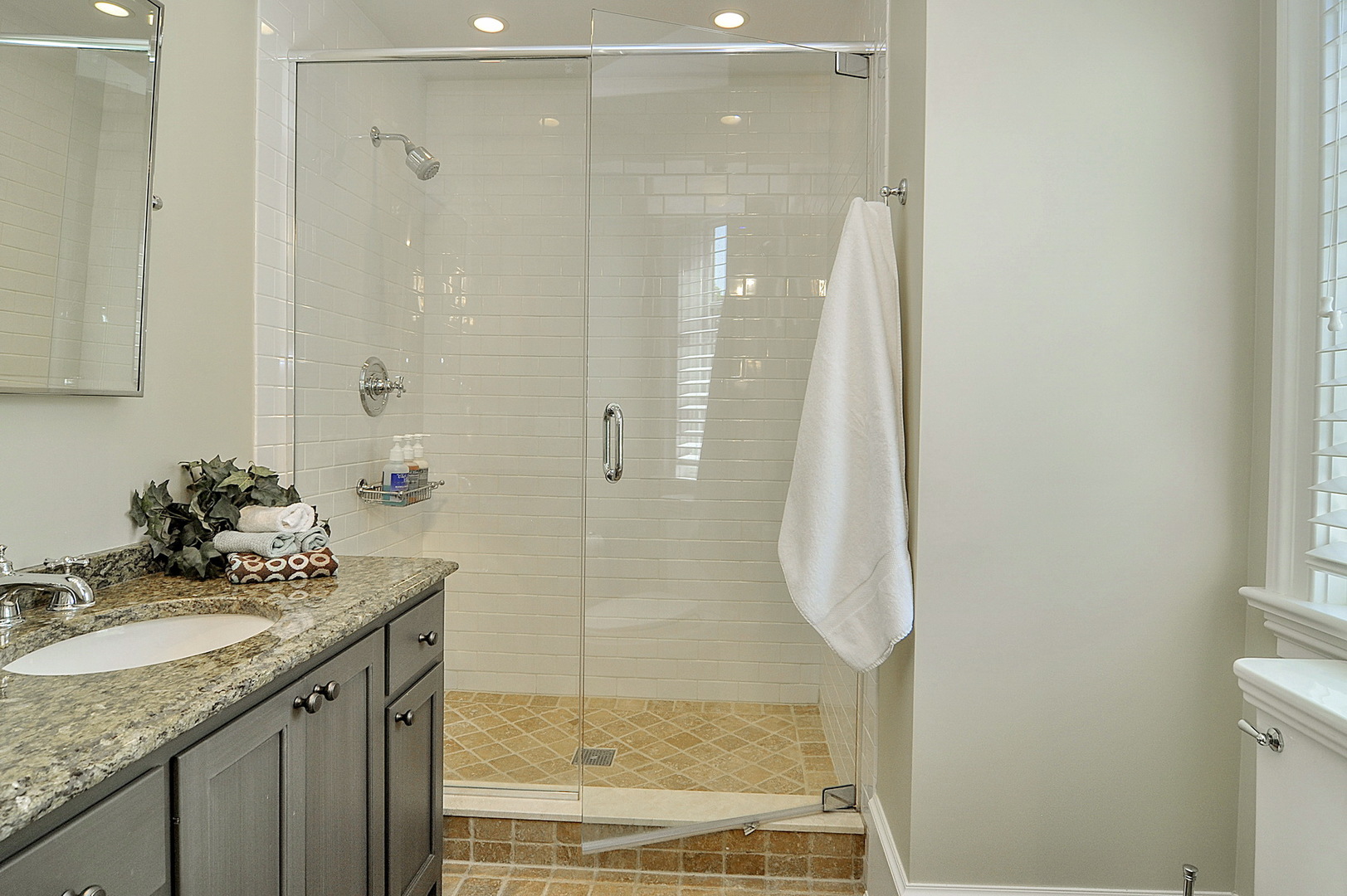 701 Plamondon Road Wheaton, IL 60189 - Photo 58 of 79 a bathroom with a granite countertop sink a shower and mirror