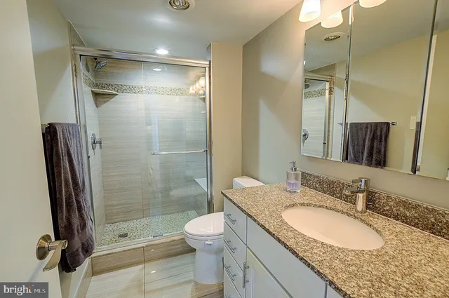 a bathroom with a granite countertop sink toilet and shower