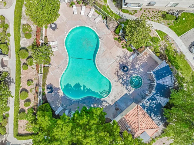 an aerial view of a swimming pool
