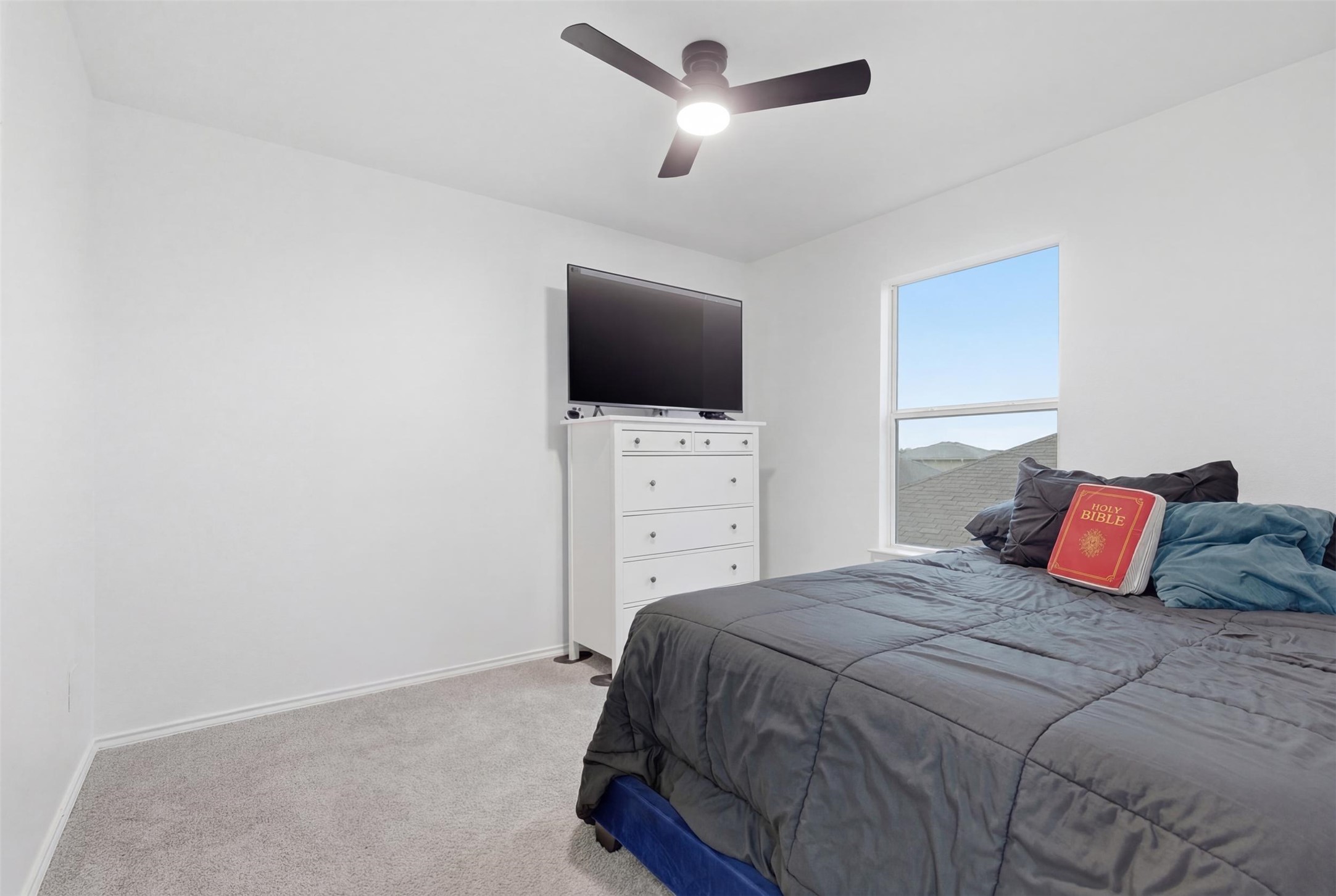 101 Magpie Goose Lane Leander, TX 78641 - Photo 22 of 29 a bedroom with a bed and a flat tv screen on dresser