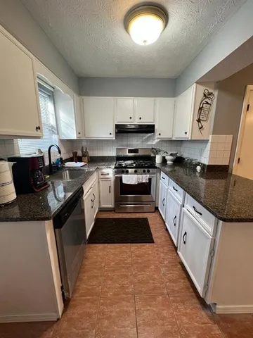 a kitchen with stainless steel appliances granite countertop a stove a sink and a microwave