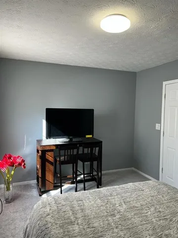a bedroom with a bed and a flat screen tv