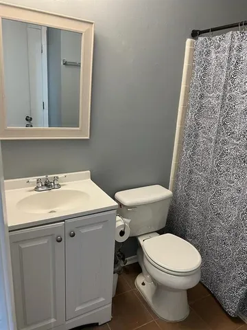 a bathroom with a sink a toilet and mirror
