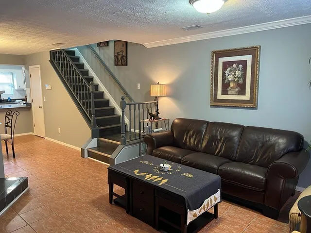 a living room with furniture and a potted plant