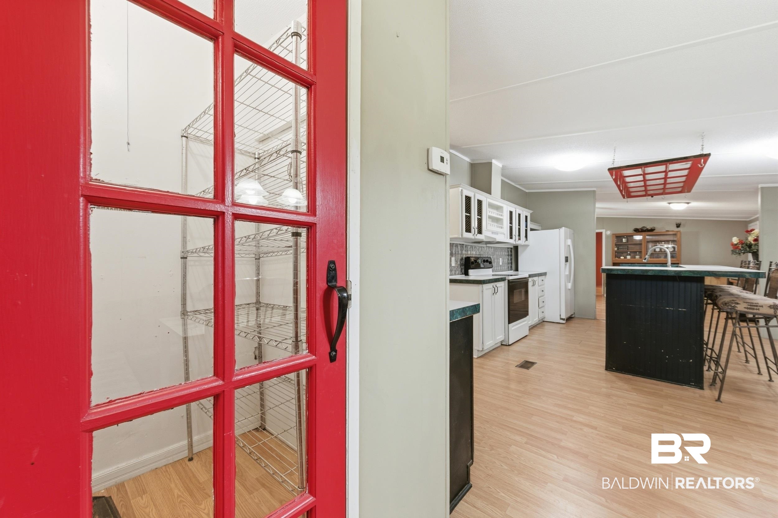 926 Tumbling Lane Atmore, AL 36502 - Photo 25 of 56 Red paneled glass door opening to a pantry with wire shelving