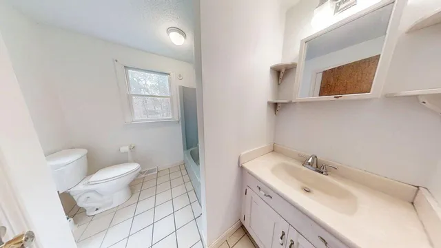 a bathroom with a sink toilet and mirror