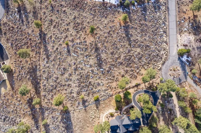 a view of a dry yard with mountains in the background
