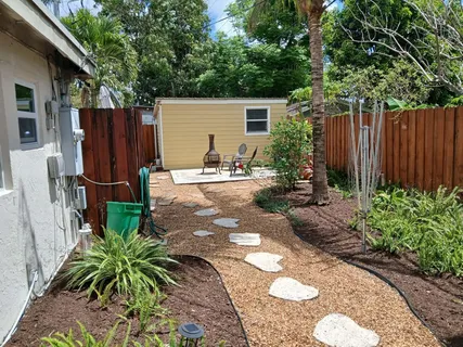 a view of backyard with potted plants and a large tree