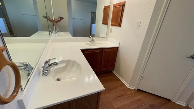 a bathroom with a sink and a mirror