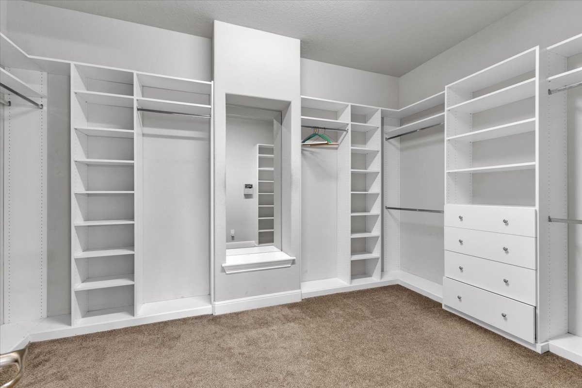 21301 Resource Road Pflugerville, TX 78660 - Photo 16 of 29 Custom closet system featuring extensive shelving, multiple hanging rods, built-in drawers with chrome hardware, and a recessed mirror