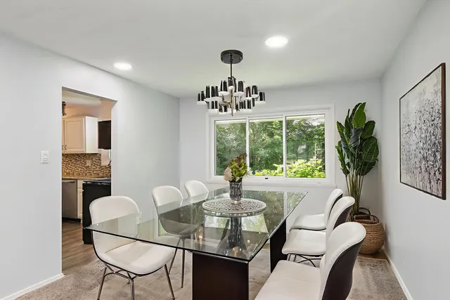 a dining room with furniture a rug a potted plant and a chandelier