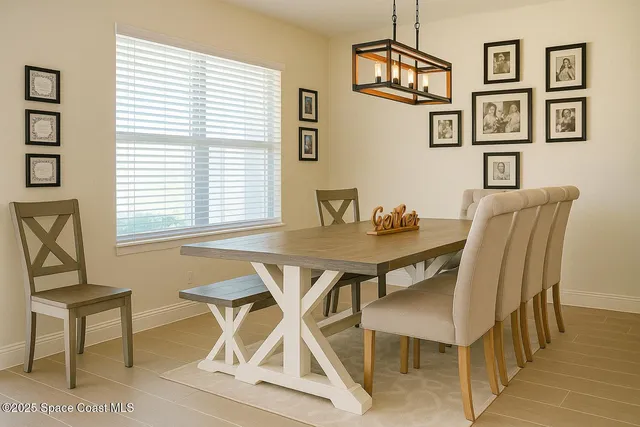 a view of a dining room with furniture and a window