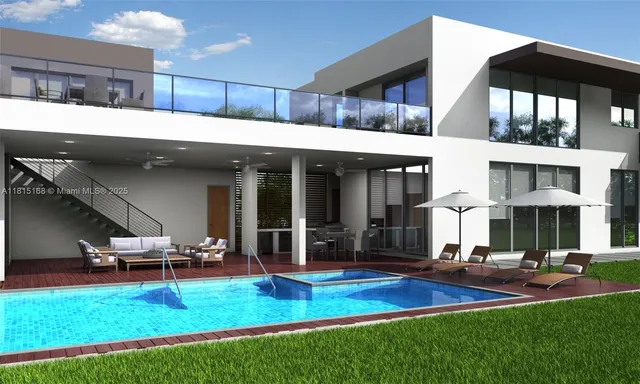 a view of a swimming pool with lawn chairs and a yard