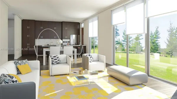 a living room with furniture and a large window