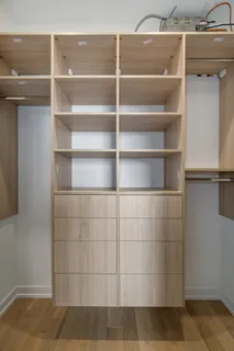 a view of a room with shelves