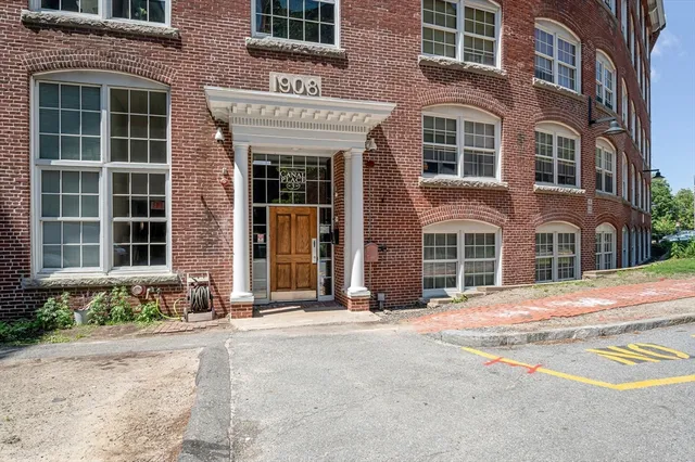 a front view of a brick building