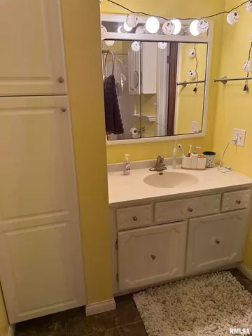 a bathroom with a sink and a mirror