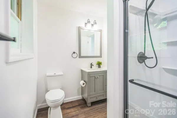 a bathroom with a sink toilet and mirror