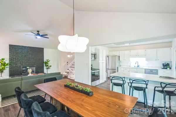 a view of a dining room with furniture